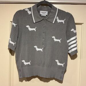NWOT Thom Browne Gray Dog Pattern Polo Shirt, Size 42 (pit to pit 17.5 in)